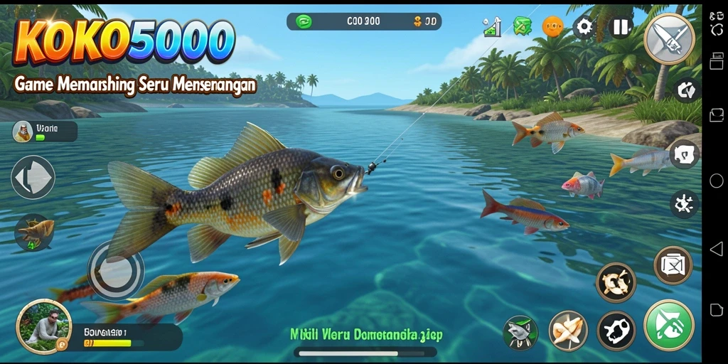 Screenshot gameplay KOKO5000 menunjukkan pengguna yang sedang memancing di danau.