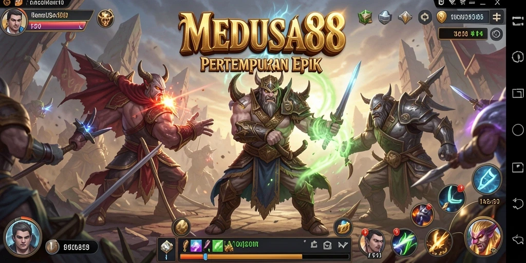 Screenshot menunjukkan aksi intens dalam MEDUSA88 dengan menara yang membela kerajaan dari serangan musuh.