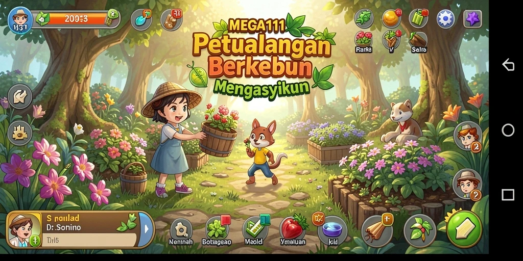 Tampilan gameplay MEGA111 yang colorful dan menarik saat berkebun.