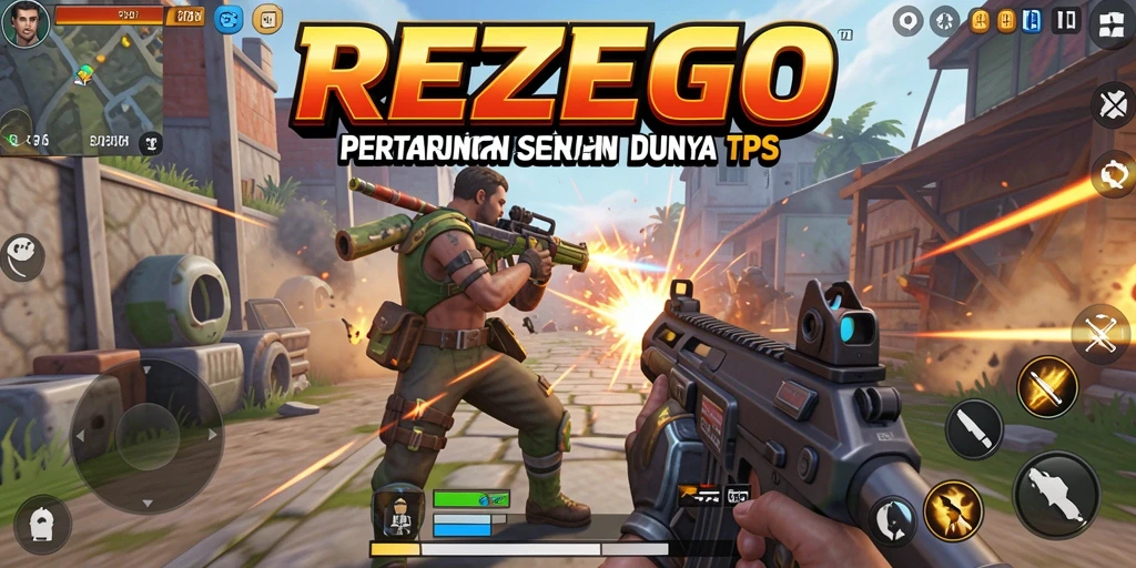 Screenshot gameplay REZEGO menampilkan aksi tembak-menembak yang intens.