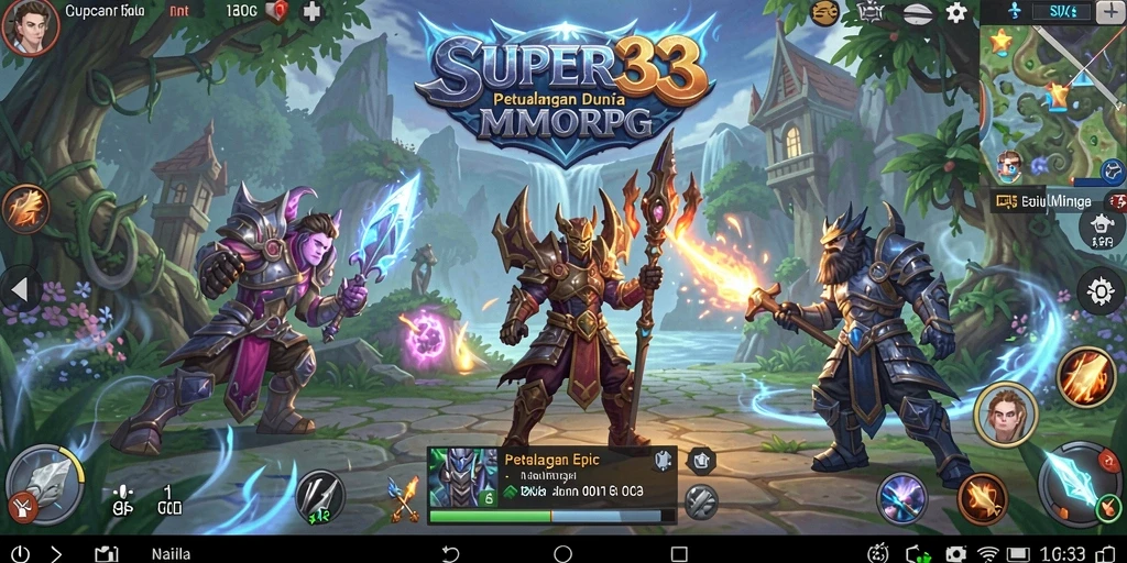 Screenshot utama SUPER33 menampilkan karakter beraksi dalam pertempuran seru di dunia MMORPG.