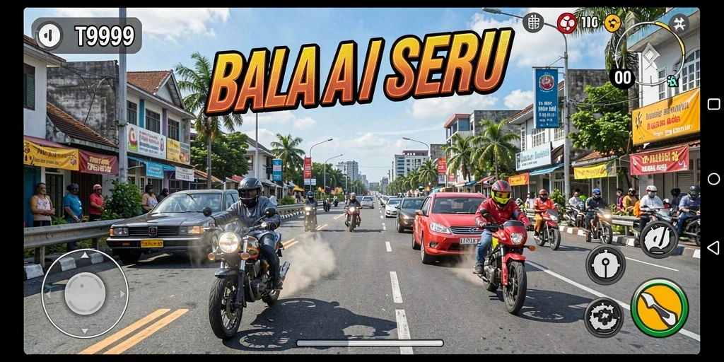 Tangkapan layar gameplay T9999 menampilkan aksi balapan yang mendebarkan.